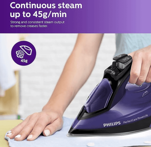 Philips Perfect Care Power Life Steam Iron GC3925/34, 2400W, up to 45 g/min steam Output, OptiTemp Technology, Steam Glide Plus Soleplate, Drip-Stop and Safety Shut-Off with No-Burns Guaranteed - Image 3